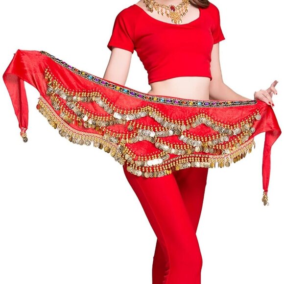 Women\'s Red Triangular Belly Dancing Hip Scarf Wrap Skirt with Gold Coins